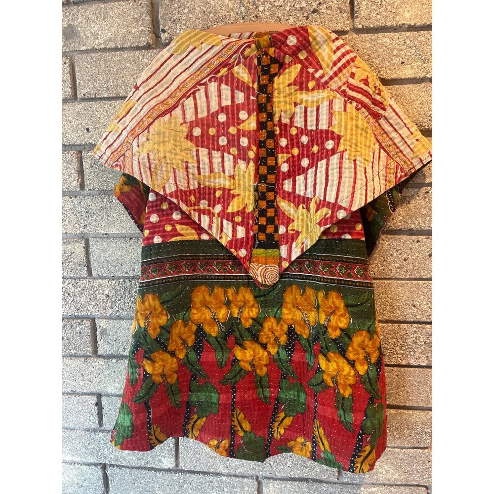 Handmade Indian Kantha Primitives By Char Floral Quilted Vest Jacket